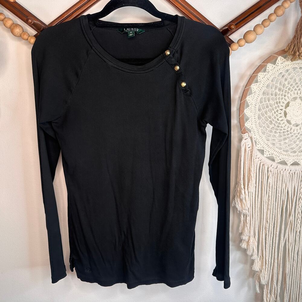 Lauren Ralph Lauren Black Knit Button Detail Long Sleeve Top
